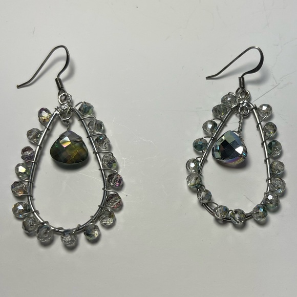 Artisan Silver Tone Wire Wrapped Smoky Crystal Drop Hoop Earrings - Picture 4 of 7